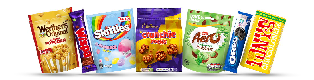 Przykładowe słodycze z Europy: Werther's Original Carmel Popcorn, Wispa, Skittles Cloudz Fruits, Cadbury Crunchie Rocks, Nestle Areo Peppermint Bubbles, Oreo Birthday Party, Tony's Chocolonely czekolada
